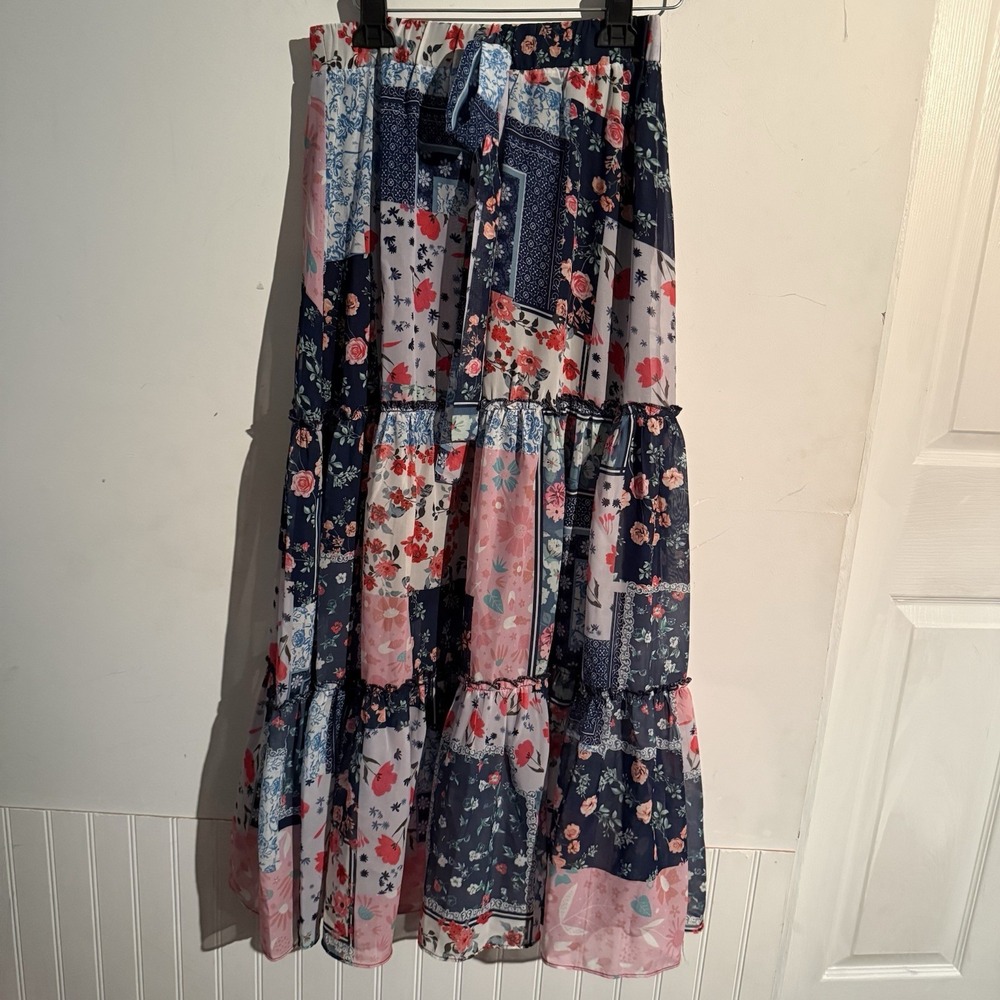 Coco & Carmen Small/Medium Patchwork Boho Maxi Skirt Festival Ruffle Floral